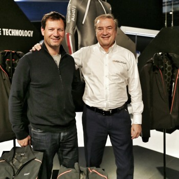 Giulio Cesareo e il campione Stephan Eberharter ad ISPO 2016 per la presentazione della linea Colmar di sportswear al grfene